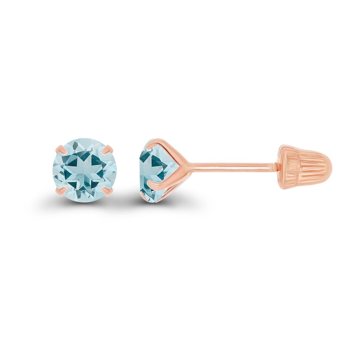 14K Rose Gold 4mm Round Aquamarine Solitaire Ball Screw Back Stud Earring 