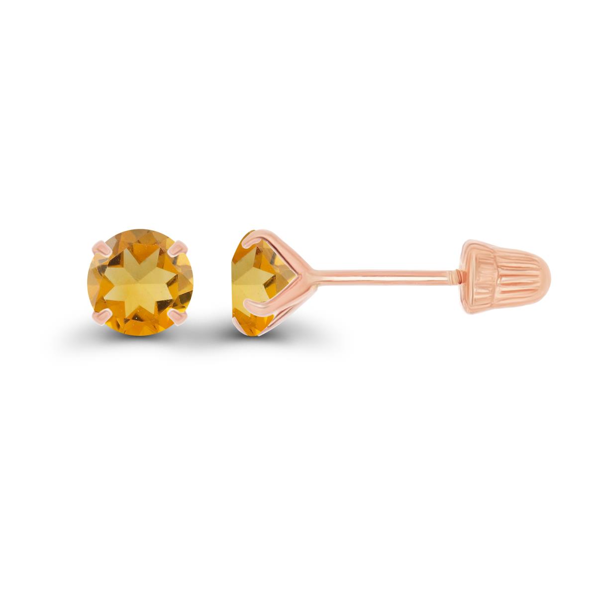 14K Rose Gold 4mm Round Citrine Solitaire Ball Screw Back Stud Earring 