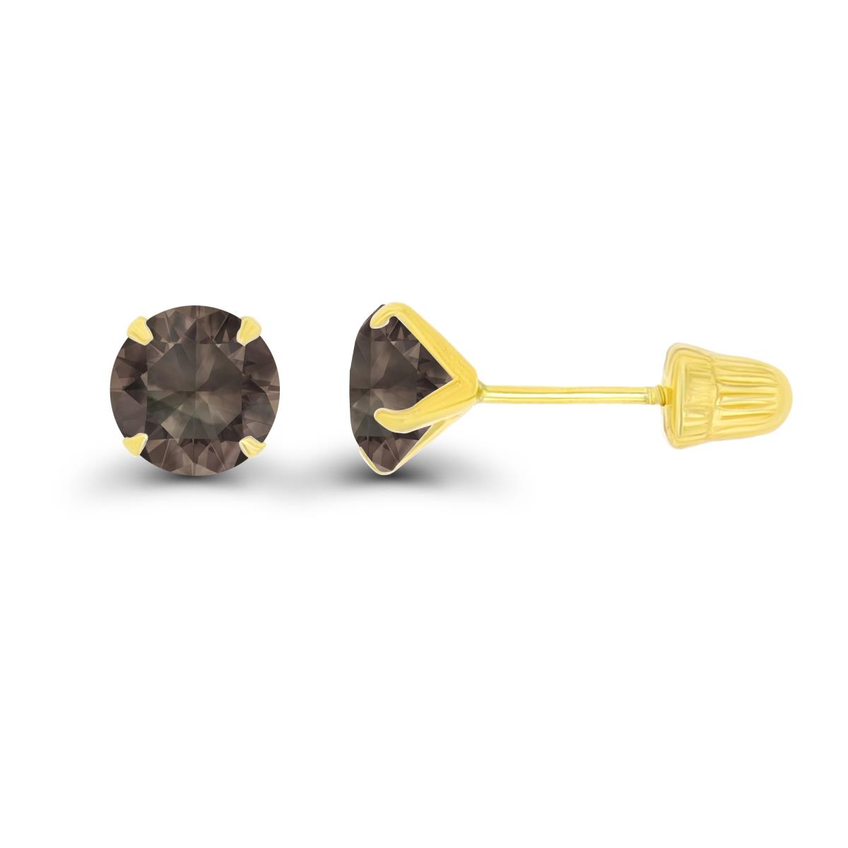 14K Yellow Gold 5mm Round Smokey Quartz Solitaire Ball Screw Back Stud Earring 