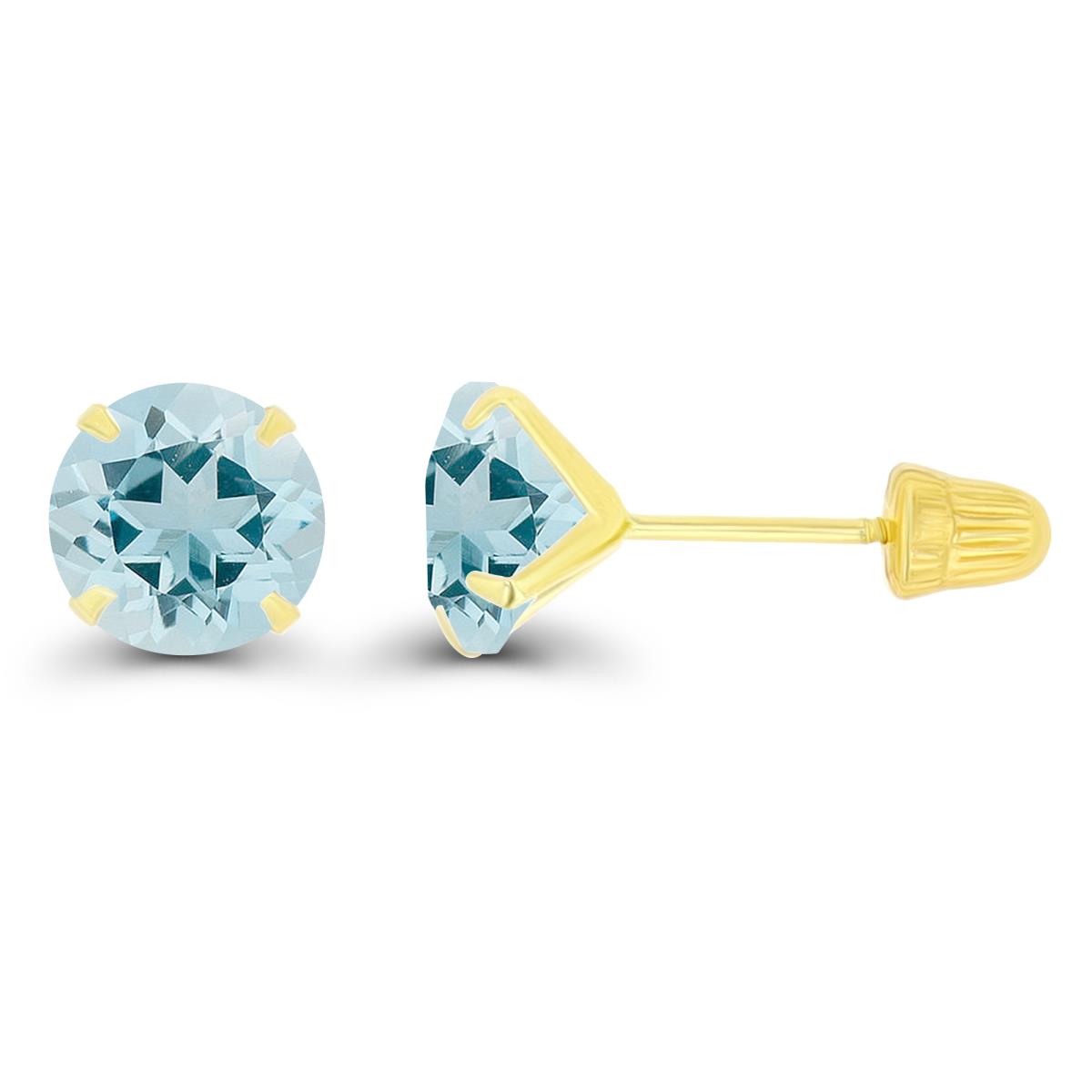 14K Yellow Gold 6mm Round Aquamarine Solitaire Ball Screw Back Stud Earring 