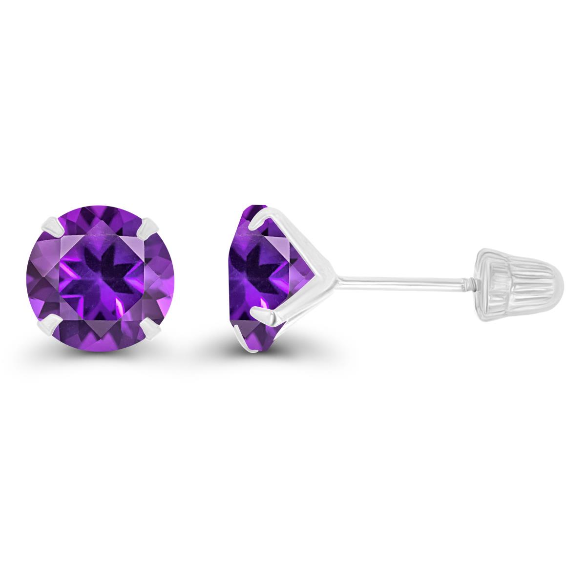 14K White Gold 6mm Round Amethyst Solitaire Ball Screw Back Stud Earring 