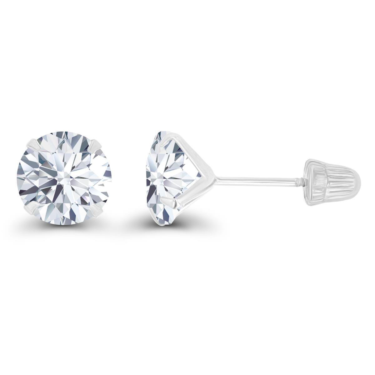 14K White Gold 6mm Round Created White Sapphire Solitaire Ball Screw Back Stud Earring 