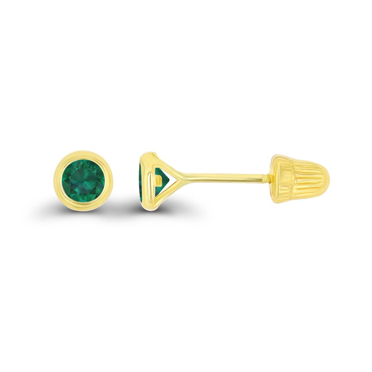 14K Yellow Gold Basic 3mm Round Created Emerald Bezel Hat Screw Back Stud Earring 