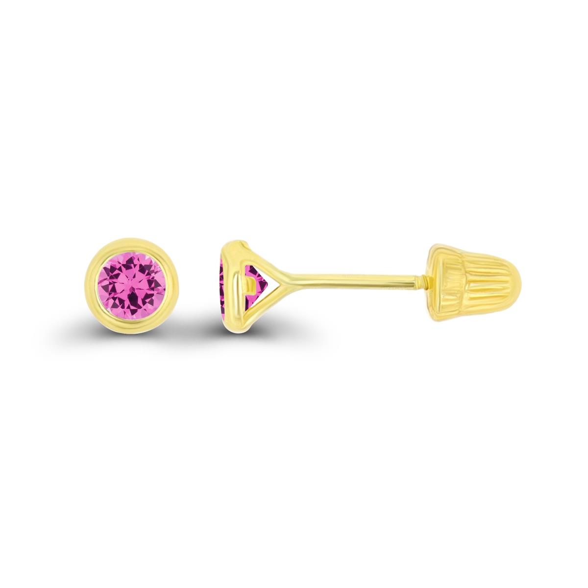 14K Yellow Gold Basic 3mm Round Created Pink Sapphire Bezel Hat Screw Back Stud Earring 