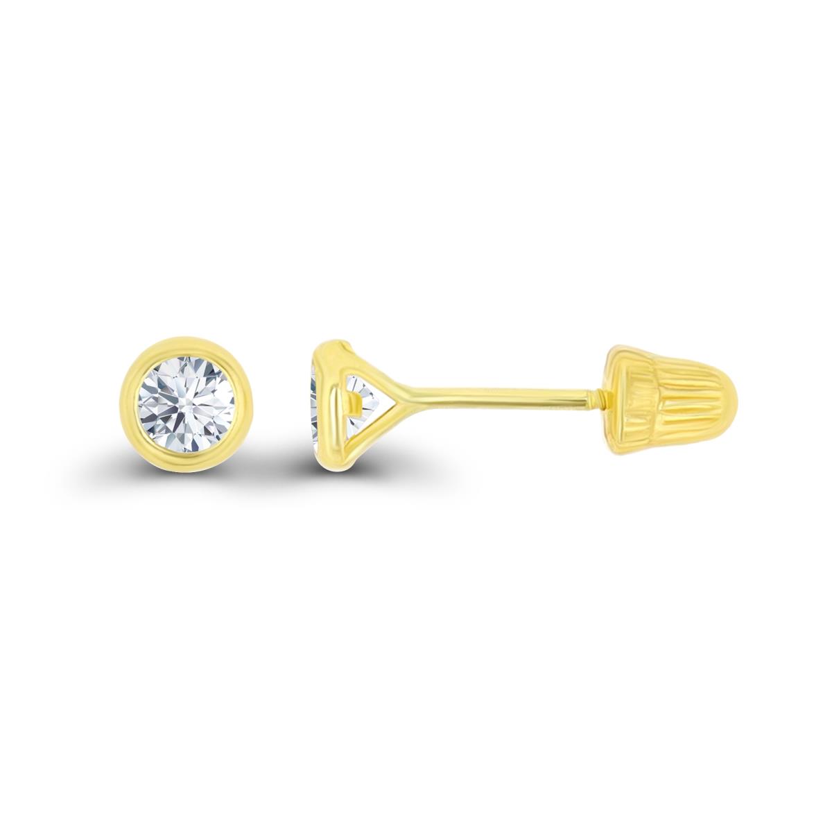 14K Yellow Gold Basic 3mm Round Created White Sapphire Bezel Hat Screw Back Stud Earring 