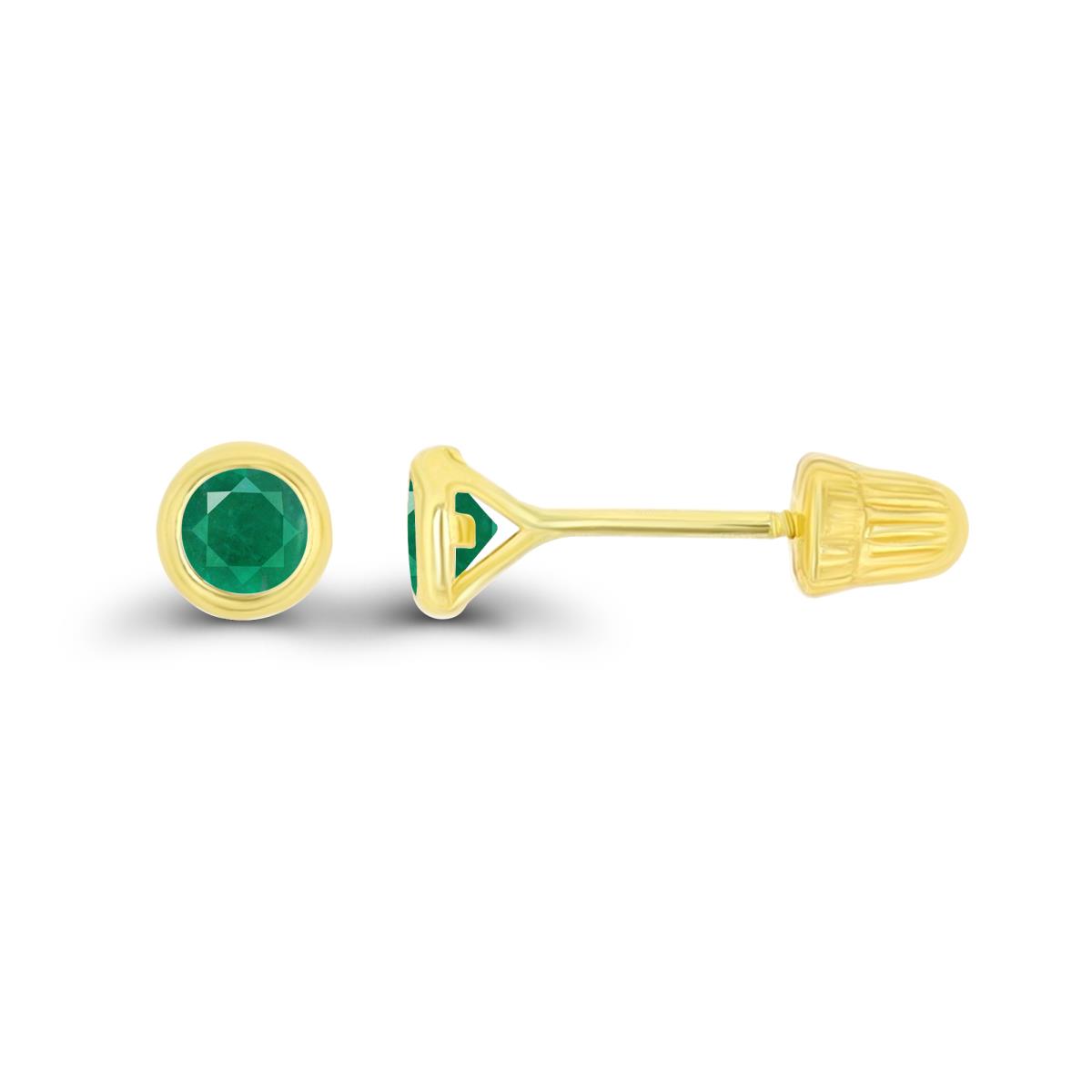 14K Yellow Gold Basic 3mm Round Emerald Bezel Hat Screw Back Stud Earring 