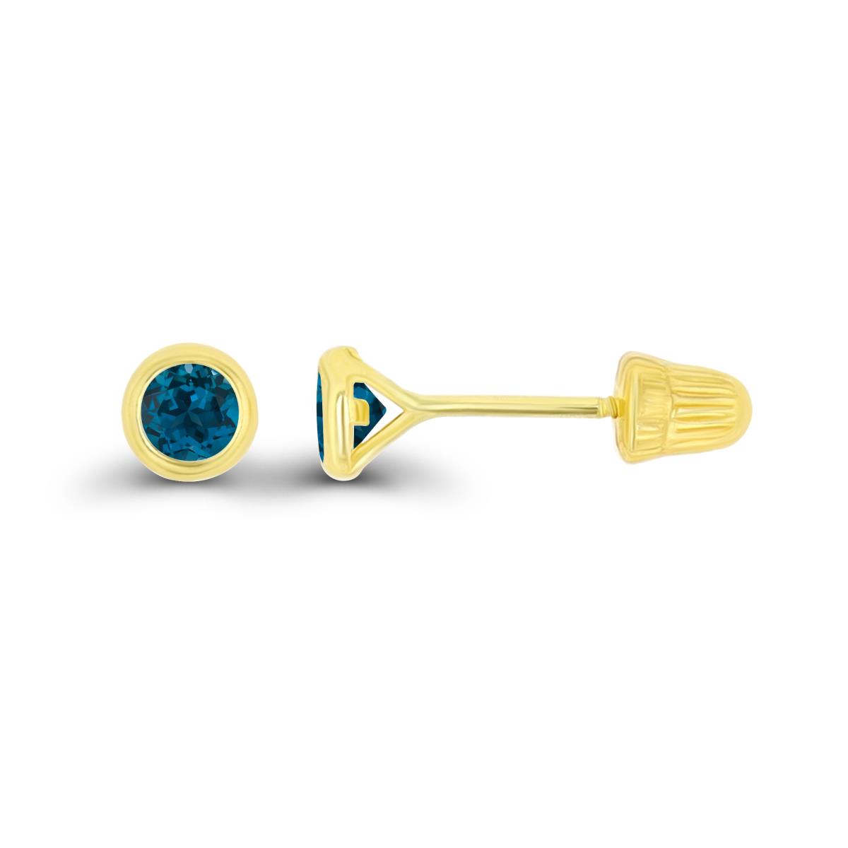 14K Yellow Gold Basic 3mm Round London Blue Topaz Bezel Hat Screw Back Stud Earring 