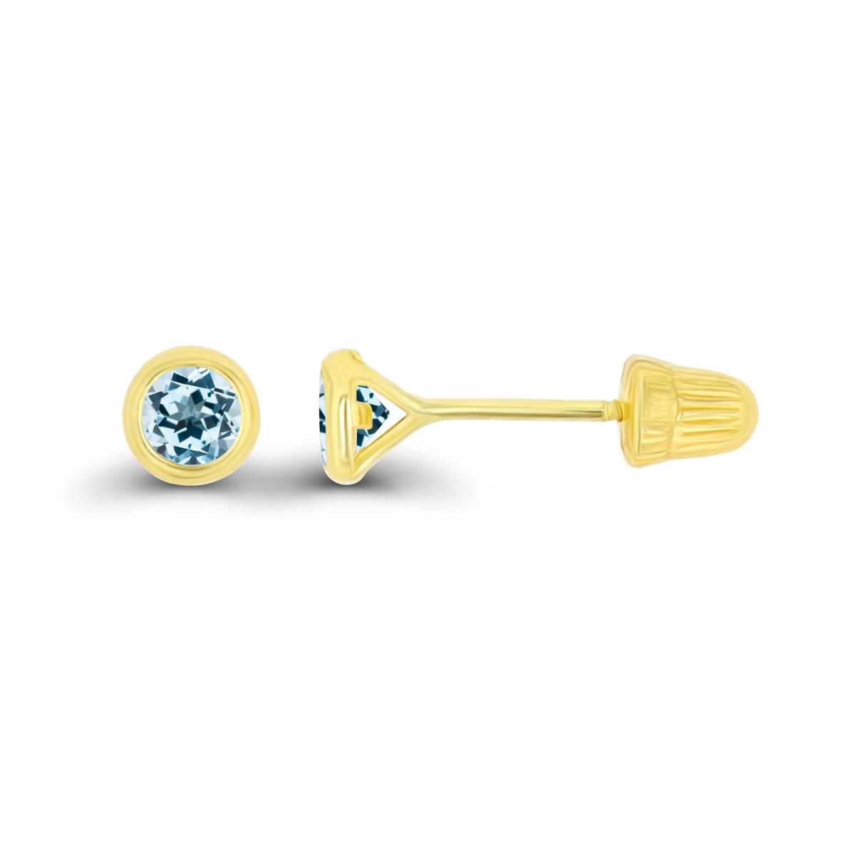 14K Yellow Gold Basic 3mm Round Sky Blue Topaz Bezel Hat Screw Back Stud Earring 