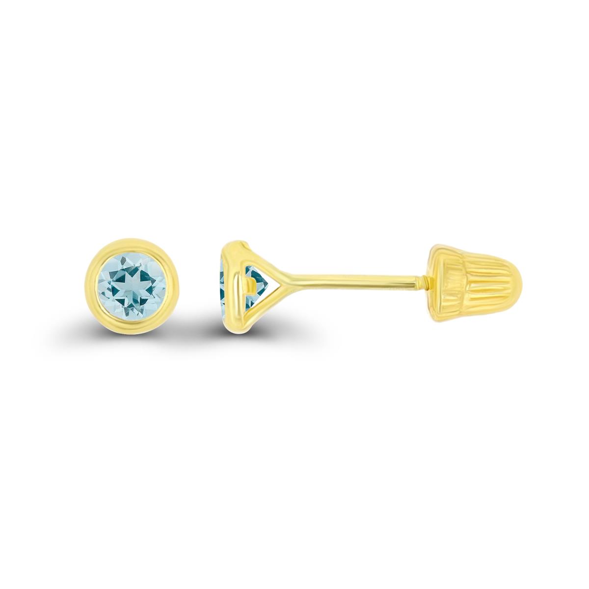 14K Yellow Gold Basic 3mm Round Aquamarine Bezel Hat Screw Back Stud Earring 