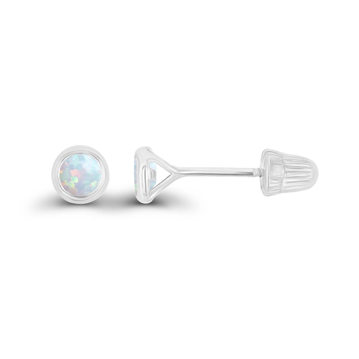 14K White Gold Basic 3mm Round Created Opal Bezel Hat Screw Back Stud Earring 