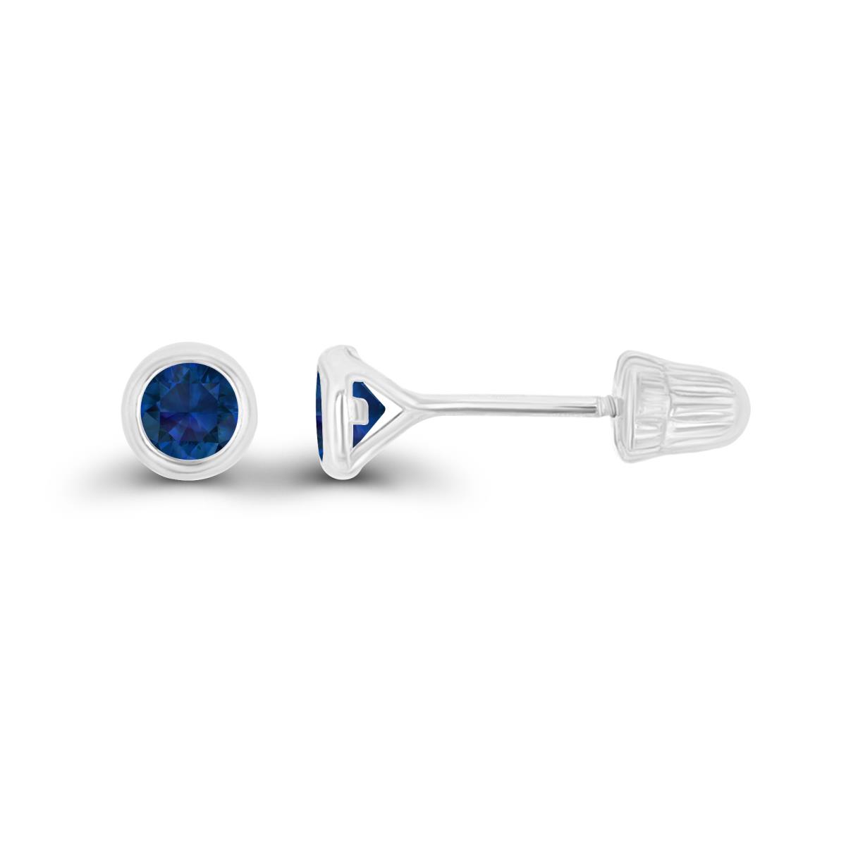 14K White Gold Basic 3mm Round Created Blue Sapphire Bezel Hat Screw Back Stud Earring 