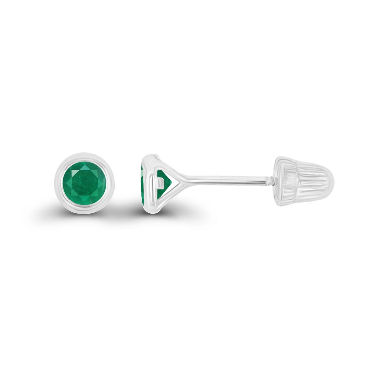 14K White Gold Basic 3mm Round Emerald Bezel Hat Screw Back Stud Earring 