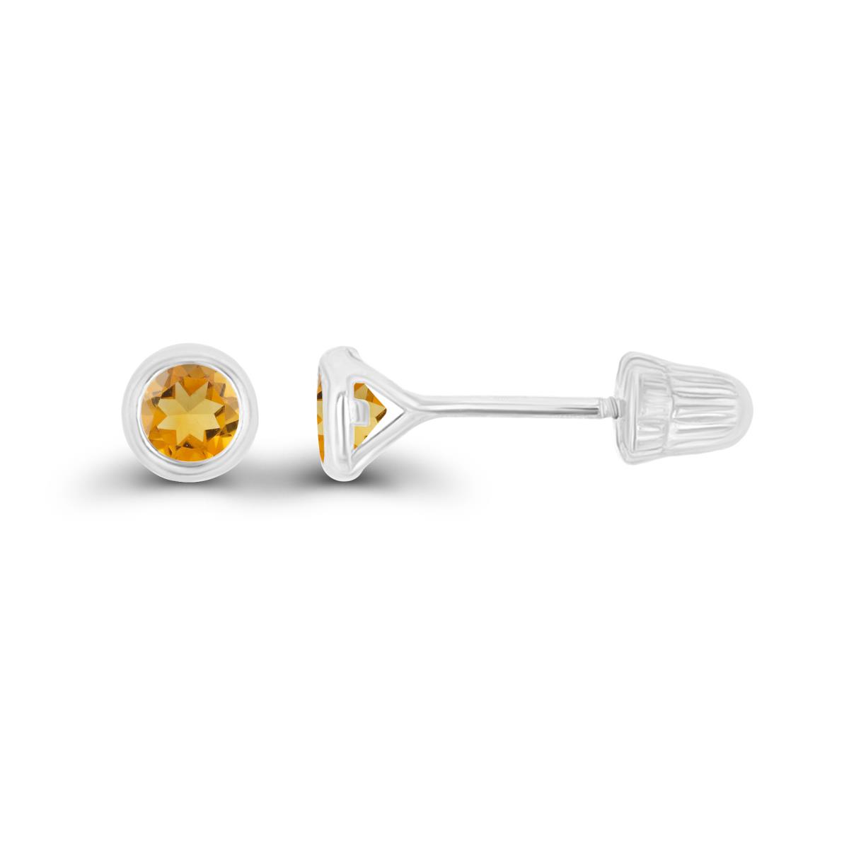 14K White Gold Basic 3mm Round Citrine Bezel Hat Screw Back Stud Earring 