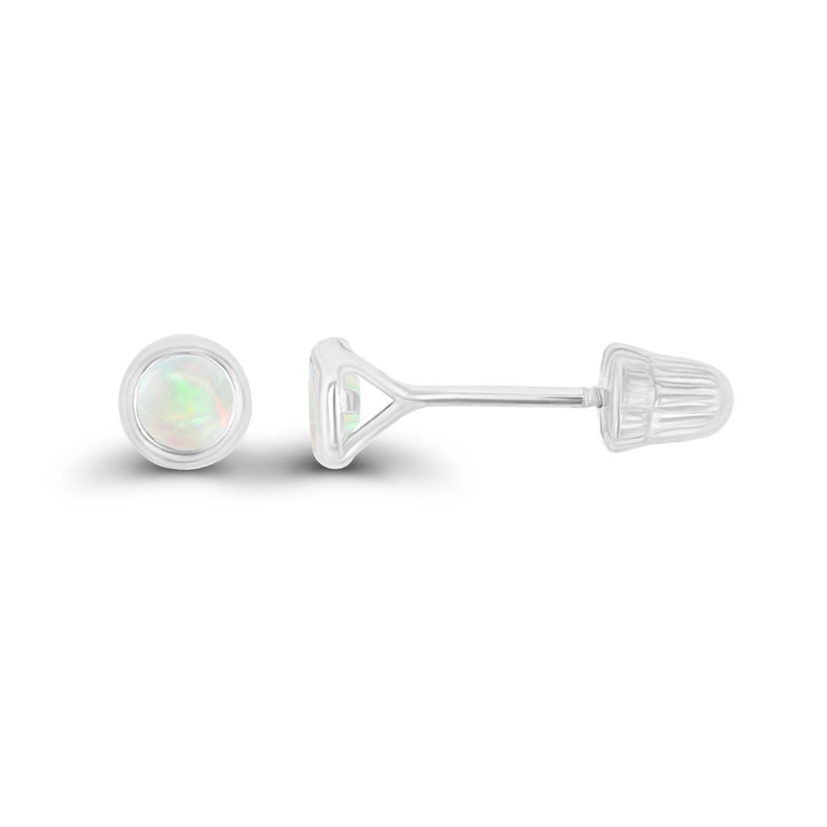 14K White Gold Basic 3mm RD Opal Bezel Hat Screw Back Stud Earrings 
