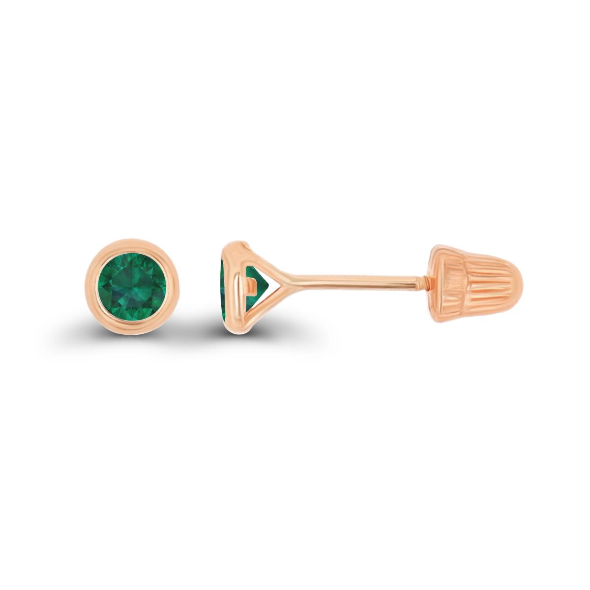 14K Rose Gold Basic 3mm RD Created Emerald Bezel Hat Screw Back Stud Earrings 