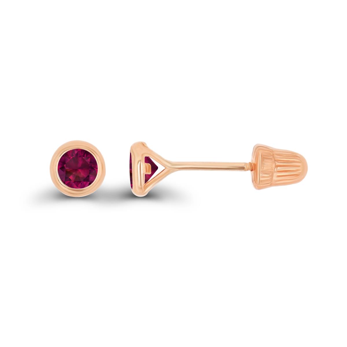 14K Rose Gold Basic 3mm Round Created Ruby Bezel Hat Screw Back Stud Earring 