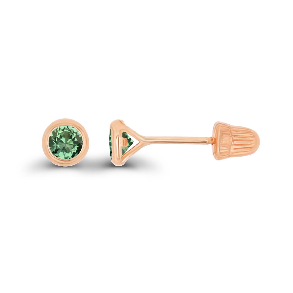 14K Rose Gold Basic 3mm Round Created Green Sapphire Bezel Hat Screw Back Stud Earring 