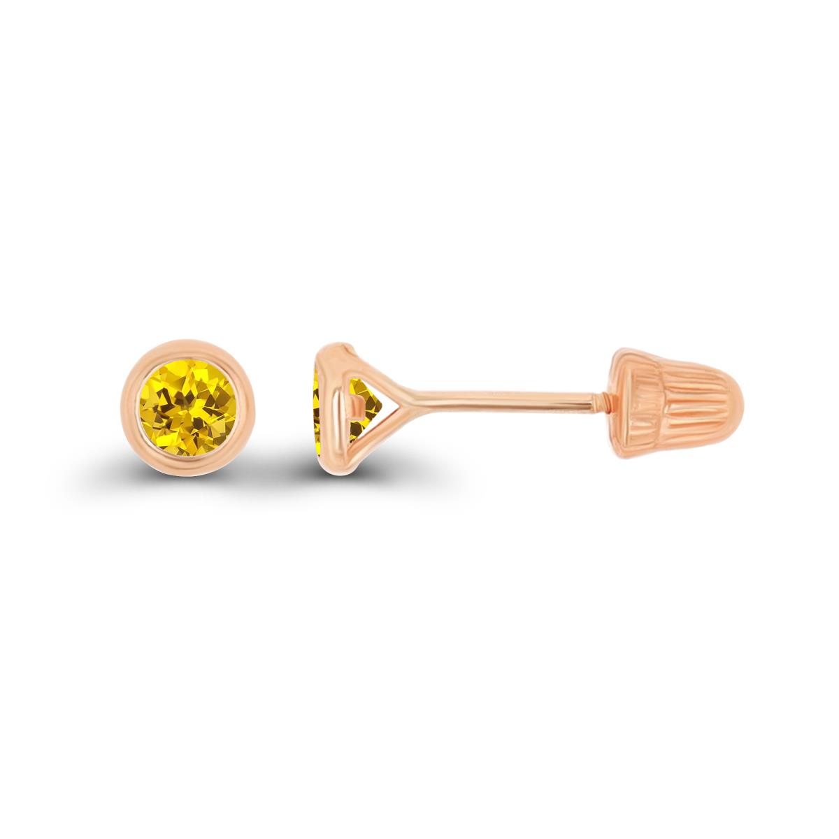 14K Rose Gold Basic 3mm Round Created Yellow Sapphire Bezel Hat Screw Back Stud Earring 