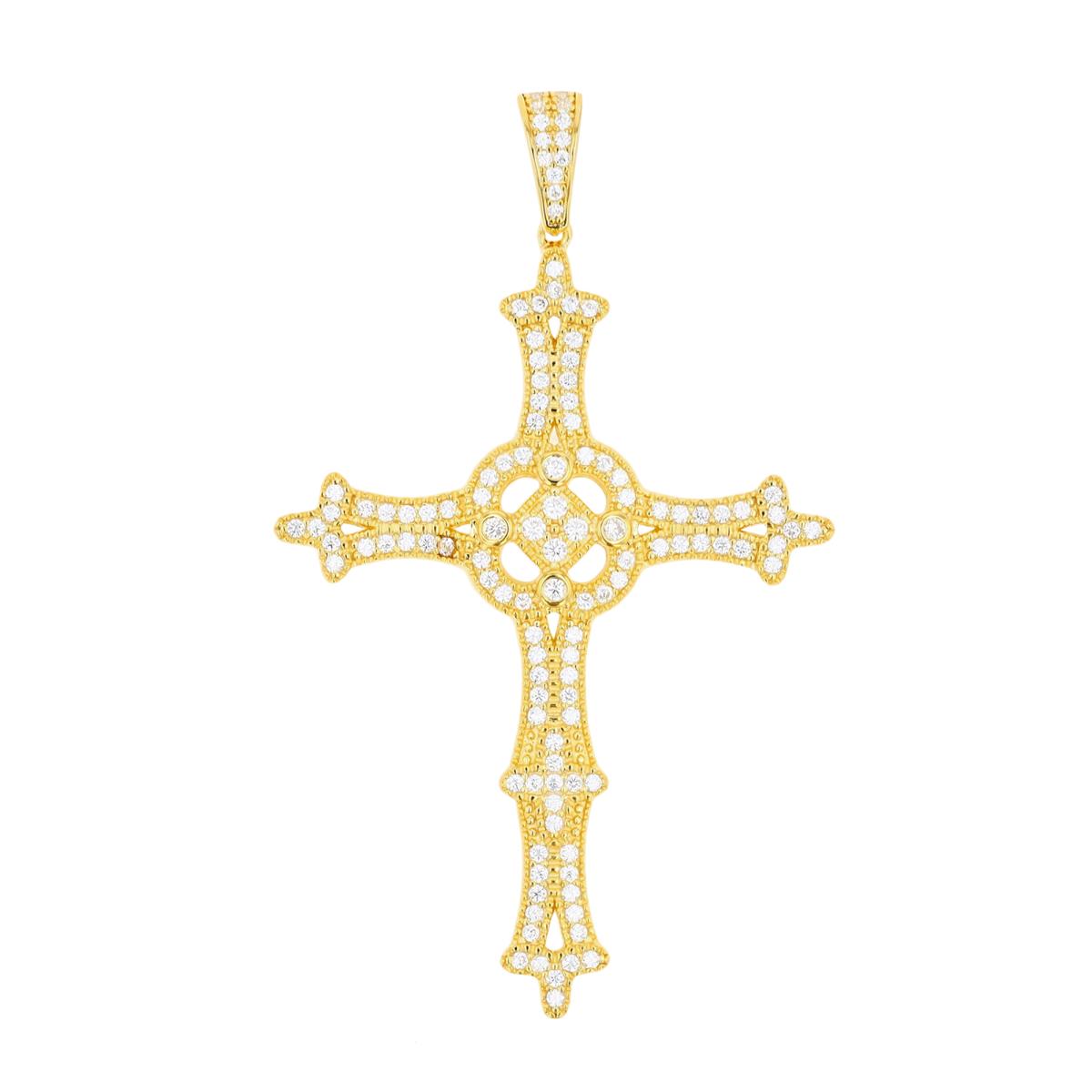 Sterling Silver Yellow 1-Micron Diamondcut White RD CZ Cross Pendant