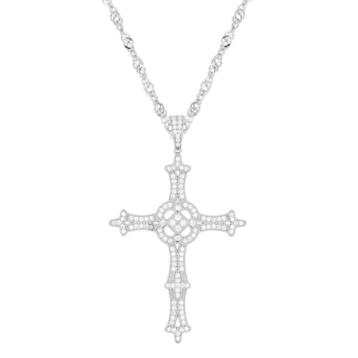 Sterling Silver Rhodium Diamondcut White RD CZ Cross 18"+2" Singapore Necklace