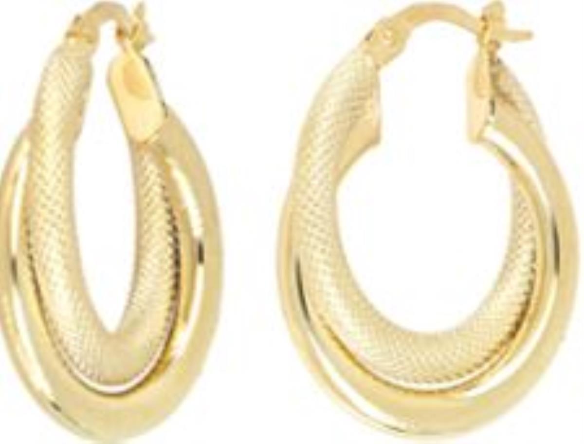 14K Yellow Gold Polished & Textured  Hoop Earring