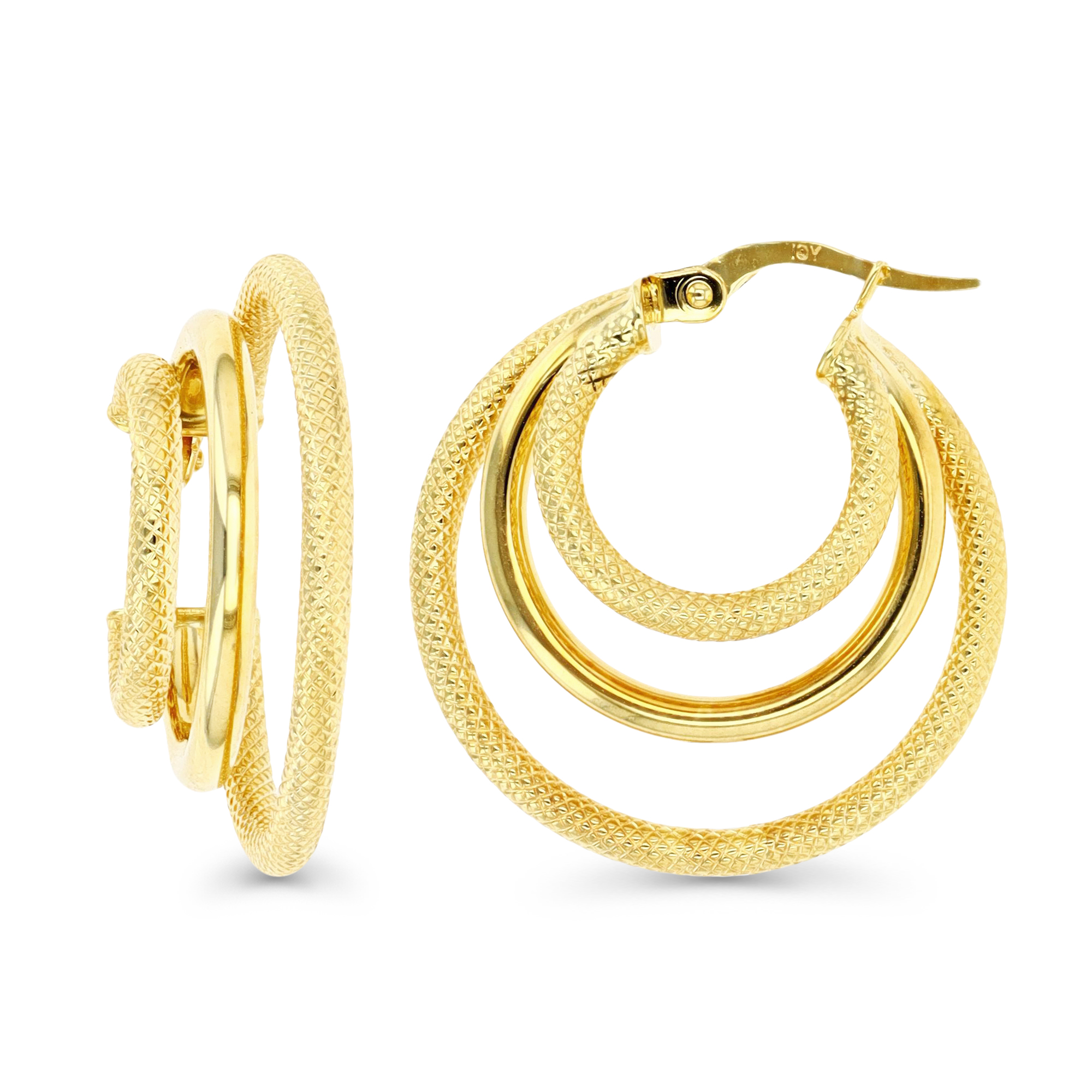 10K Yellow Gold Textured & Polished Triple Hoop Earring