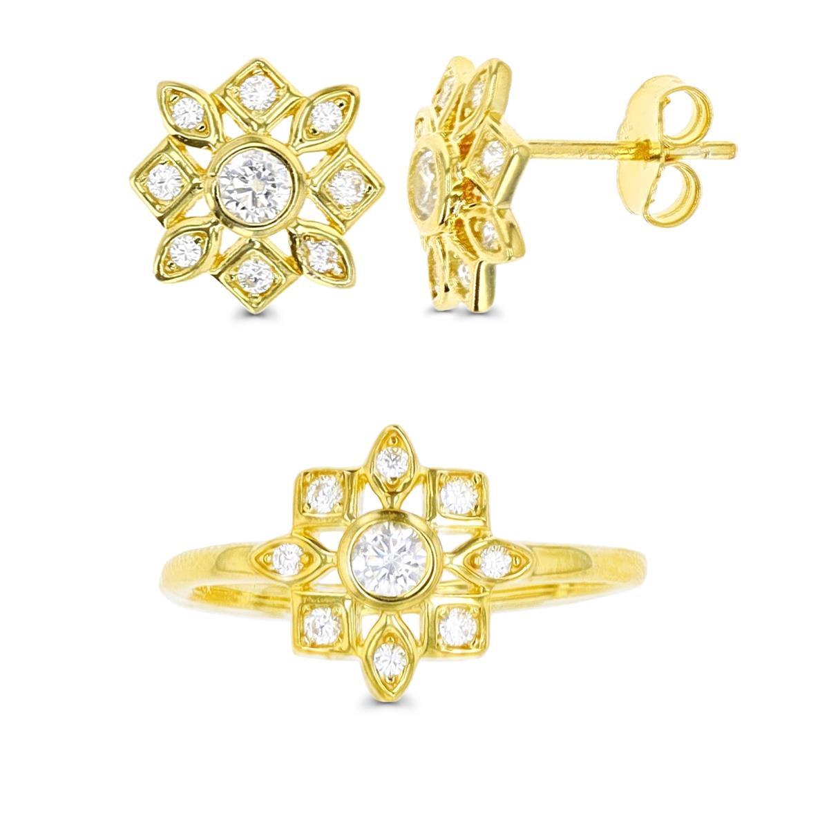 Sterling Silver Yellow Polished White CZ Stud & Flower Ring Set