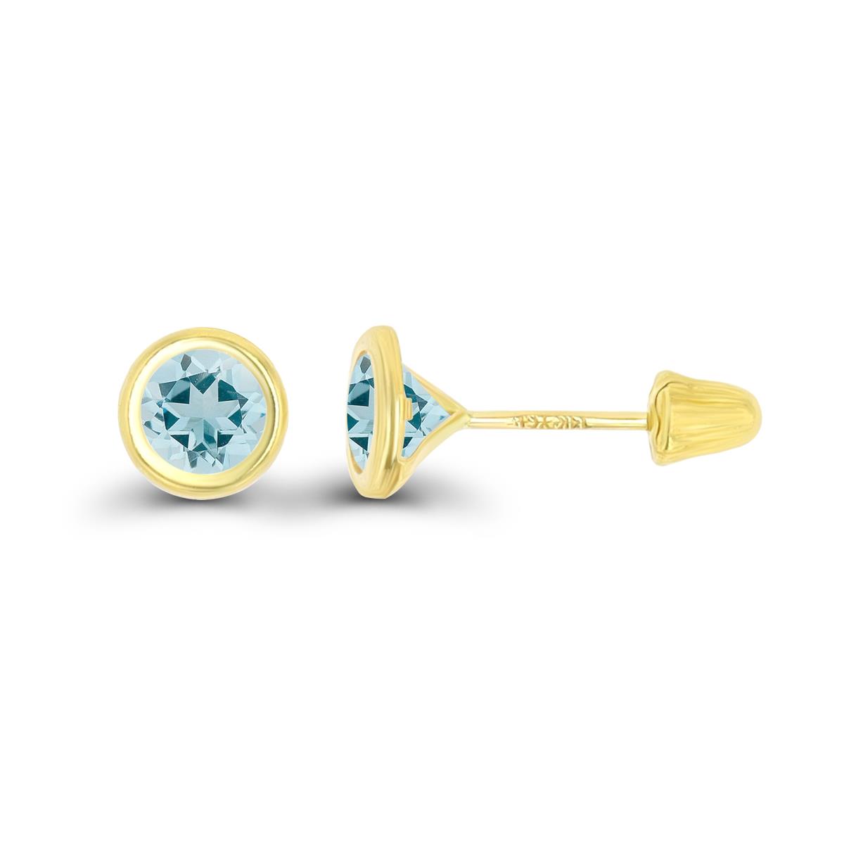 14K Yellow Gold Basic 4mm Round Aquamarine Bezel Hat Screw Back Stud Earring 