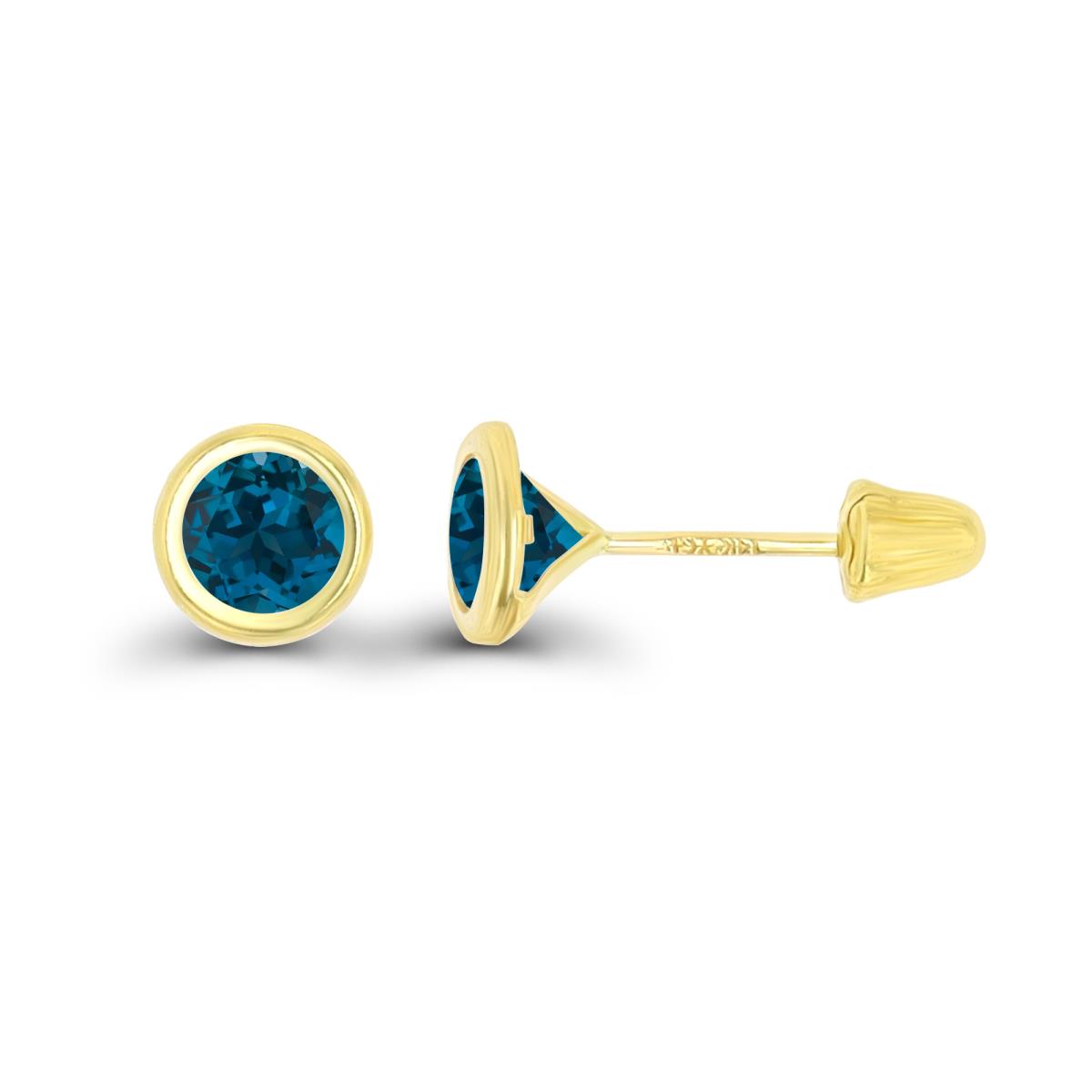 14K Yellow Gold Basic 4mm Round London Blue Topaz Bezel Hat Screw Back Stud Earring 