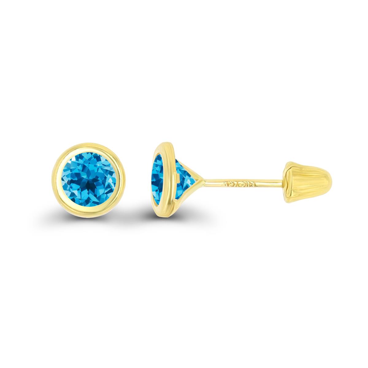 14K Yellow Gold Basic 4mm Round Swiss Blue Topaz Bezel Hat Screw Back Stud Earring 