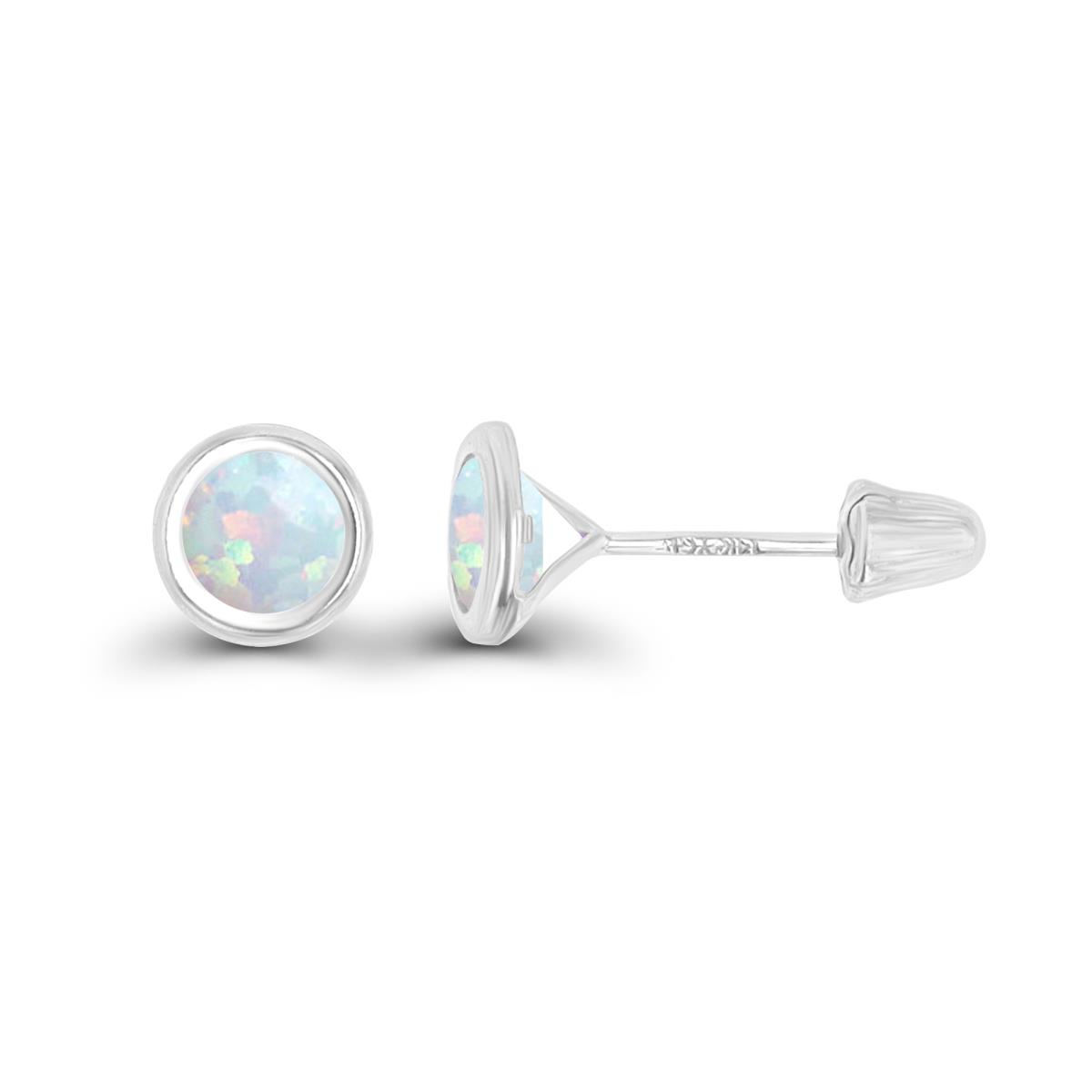 14K White Gold Basic 4mm Round Created Opal Bezel Hat Screw Back Stud Earring 