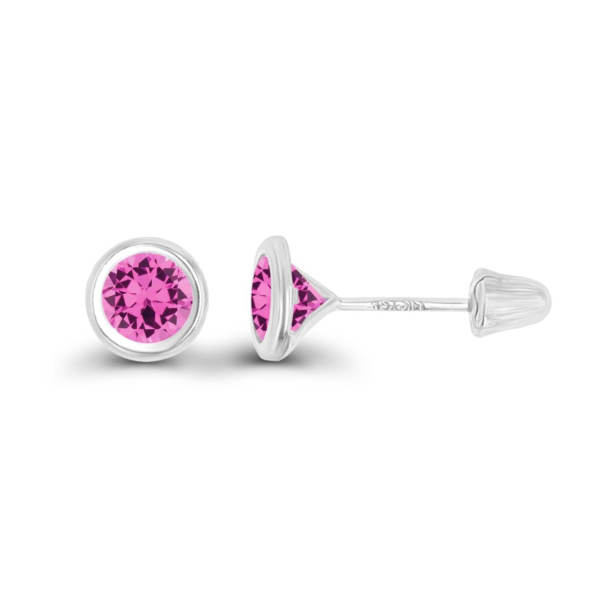 14K White Gold Basic 4mm Round Created Pink Sapphire Bezel Hat Screw Back Stud Earring 