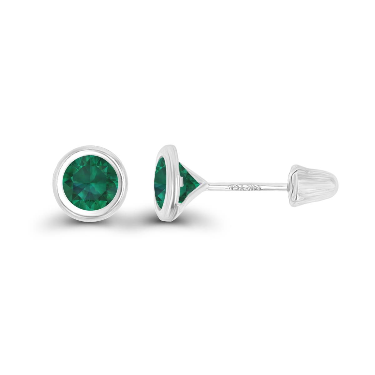 14K White Gold Basic 4mm Round Created Emerald Bezel Hat Screw Back Stud Earring 