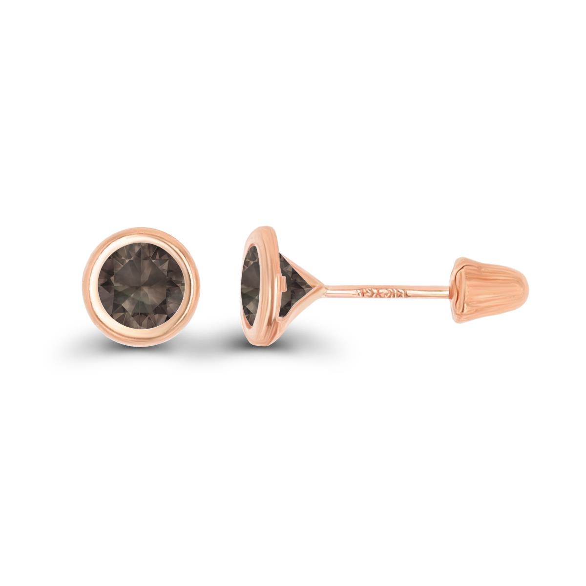 14K Rose Gold Basic 4mm Round Smokey Quartz Bezel Hat Screw Back Stud Earring 