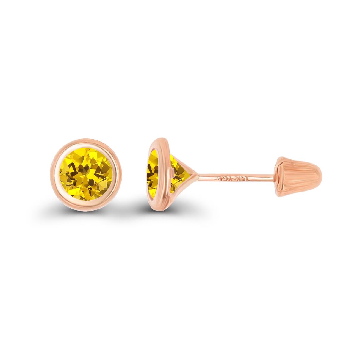 14K Rose Gold Basic 4mm Round Created Yellow Sapphire Bezel Hat Screw Back Stud Earring 