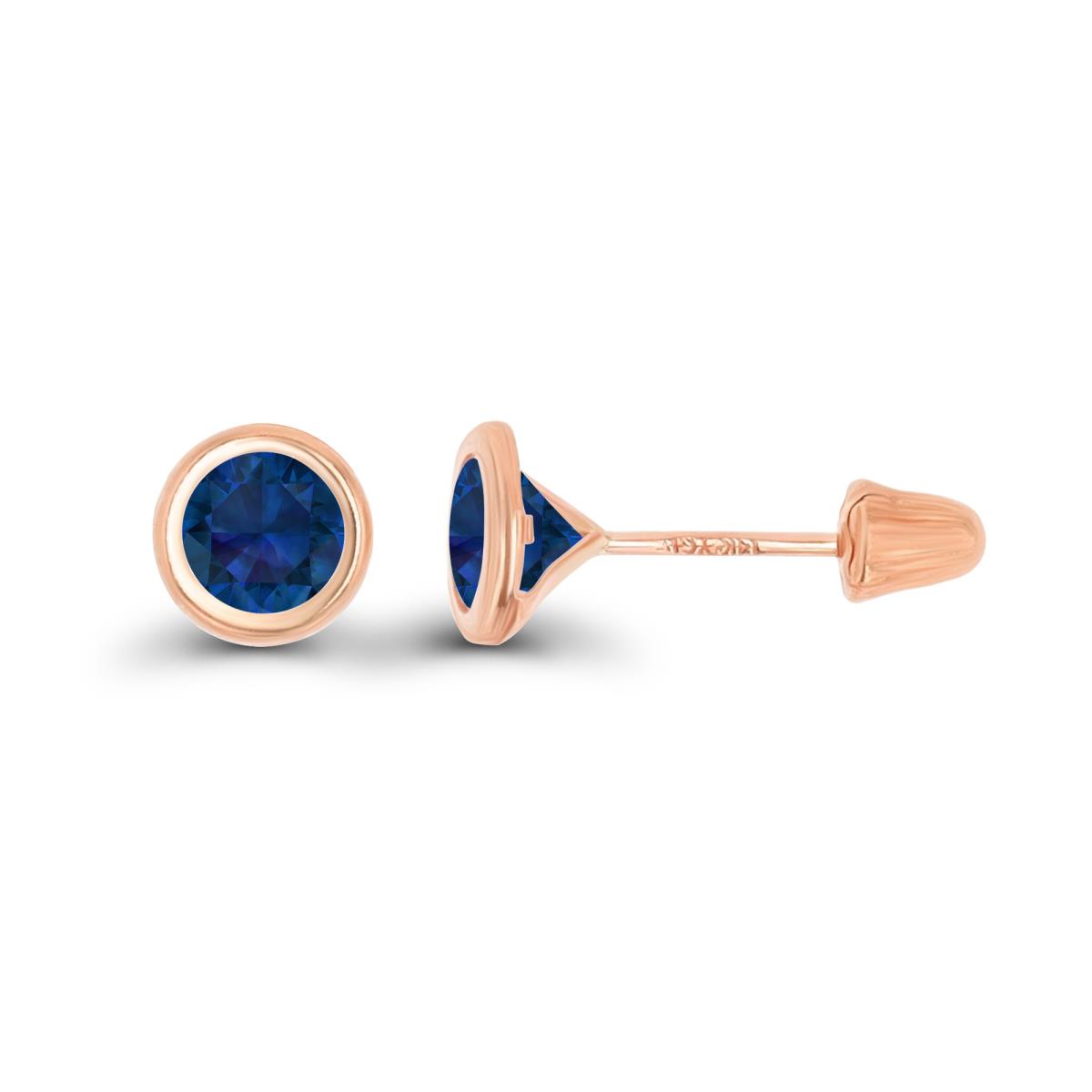14K Rose Gold Basic 4mm Round Created Blue Sapphire Bezel Hat Screw Back Stud Earring 