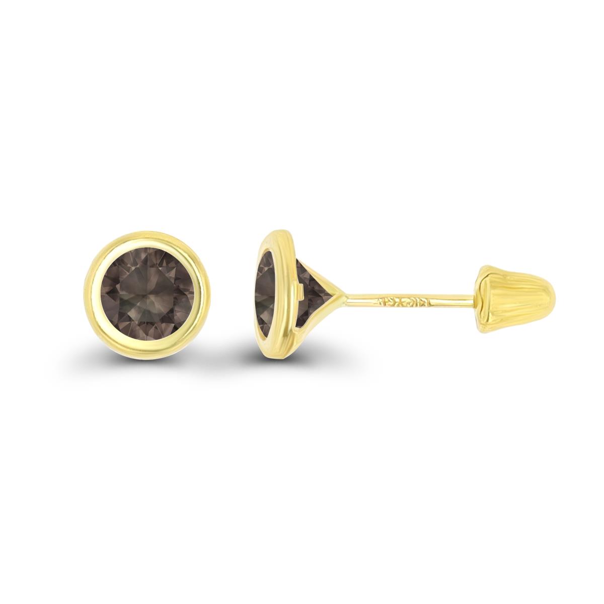 14K Yellow Gold Basic 5mm Round Smokey Quartz Bezel Hat Screw Back Stud Earring 
