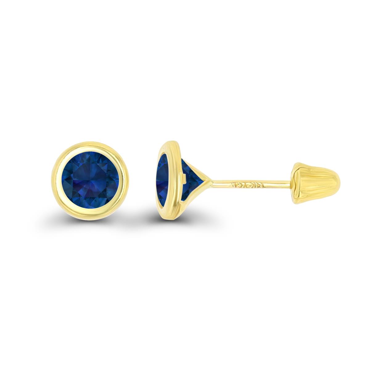 14K Yellow Gold Basic 5mm Round Created Blue Sapphire Bezel Hat Screw Back Stud Earring 