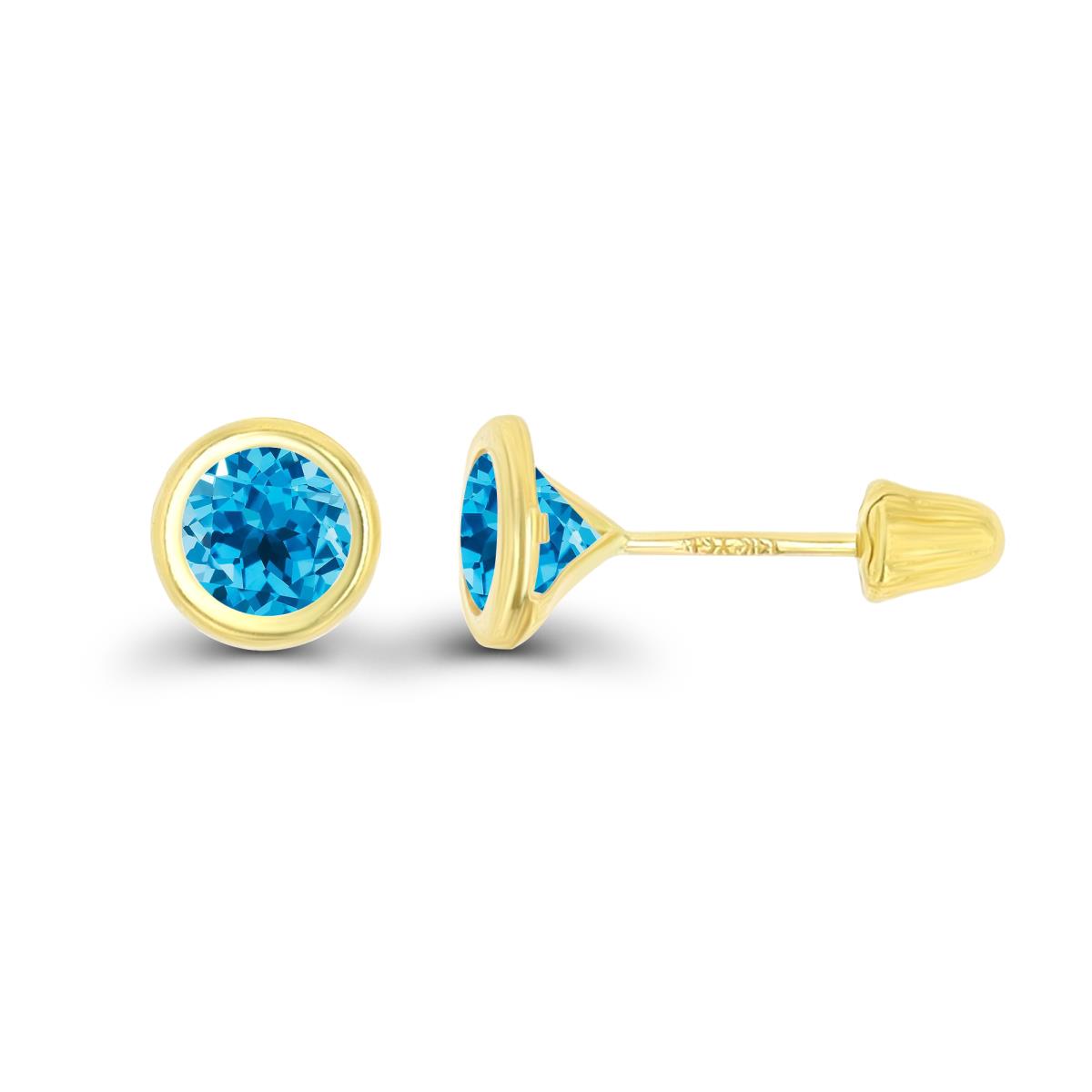 14K Yellow Gold Basic 5mm Round Swiss Blue Topaz Bezel Hat Screw Back Stud Earring 