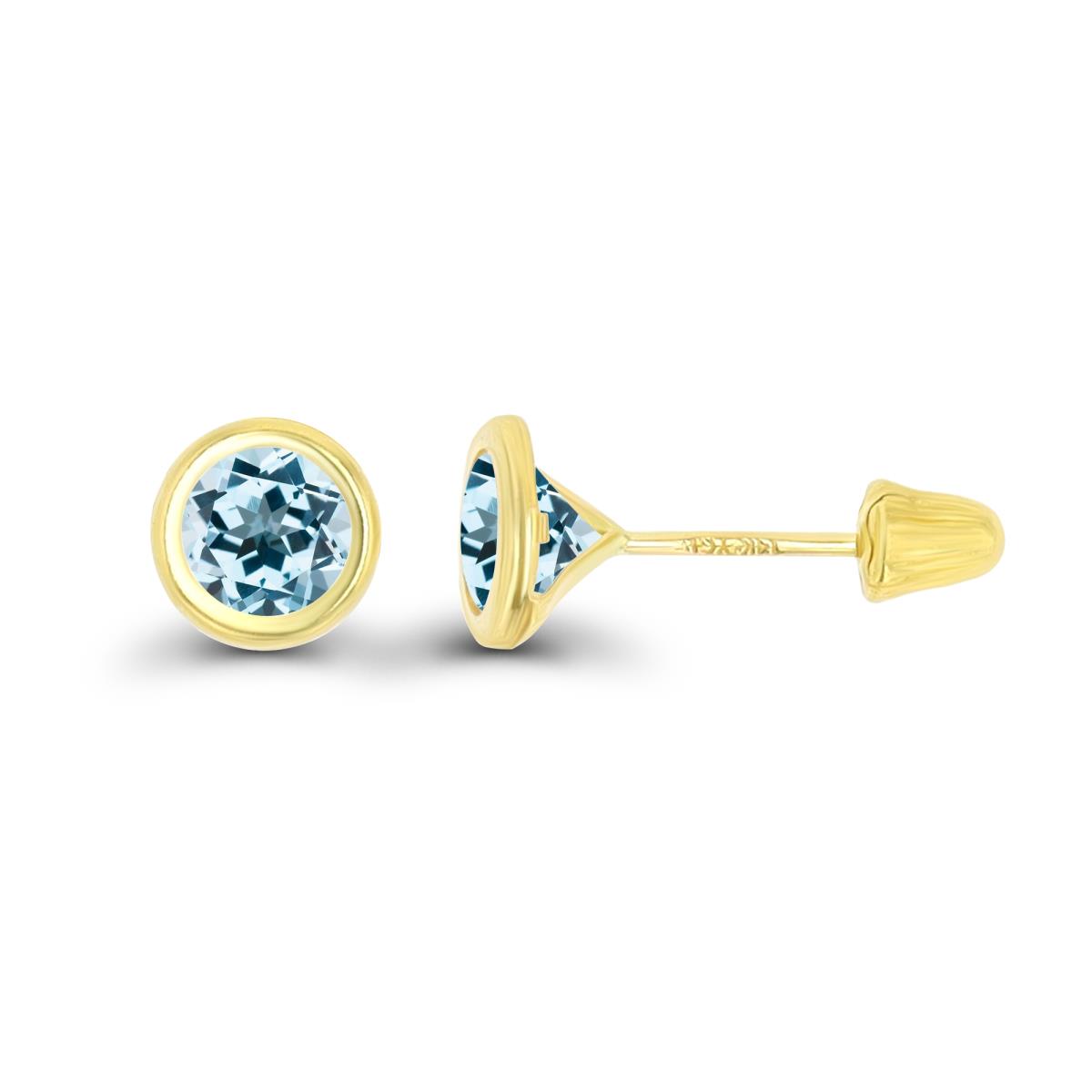 14K Yellow Gold Basic 5mm Round Sky Blue Topaz Bezel Hat Screw Back Stud Earring 