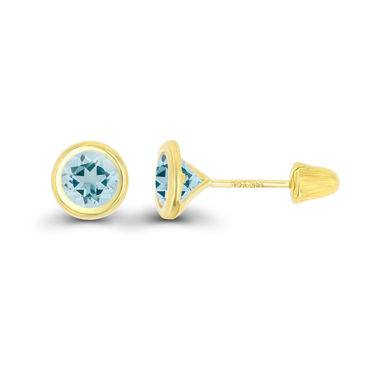 14K Yellow Gold Basic 5mm Round Aquamarine Bezel Hat Screw Back Stud Earring 