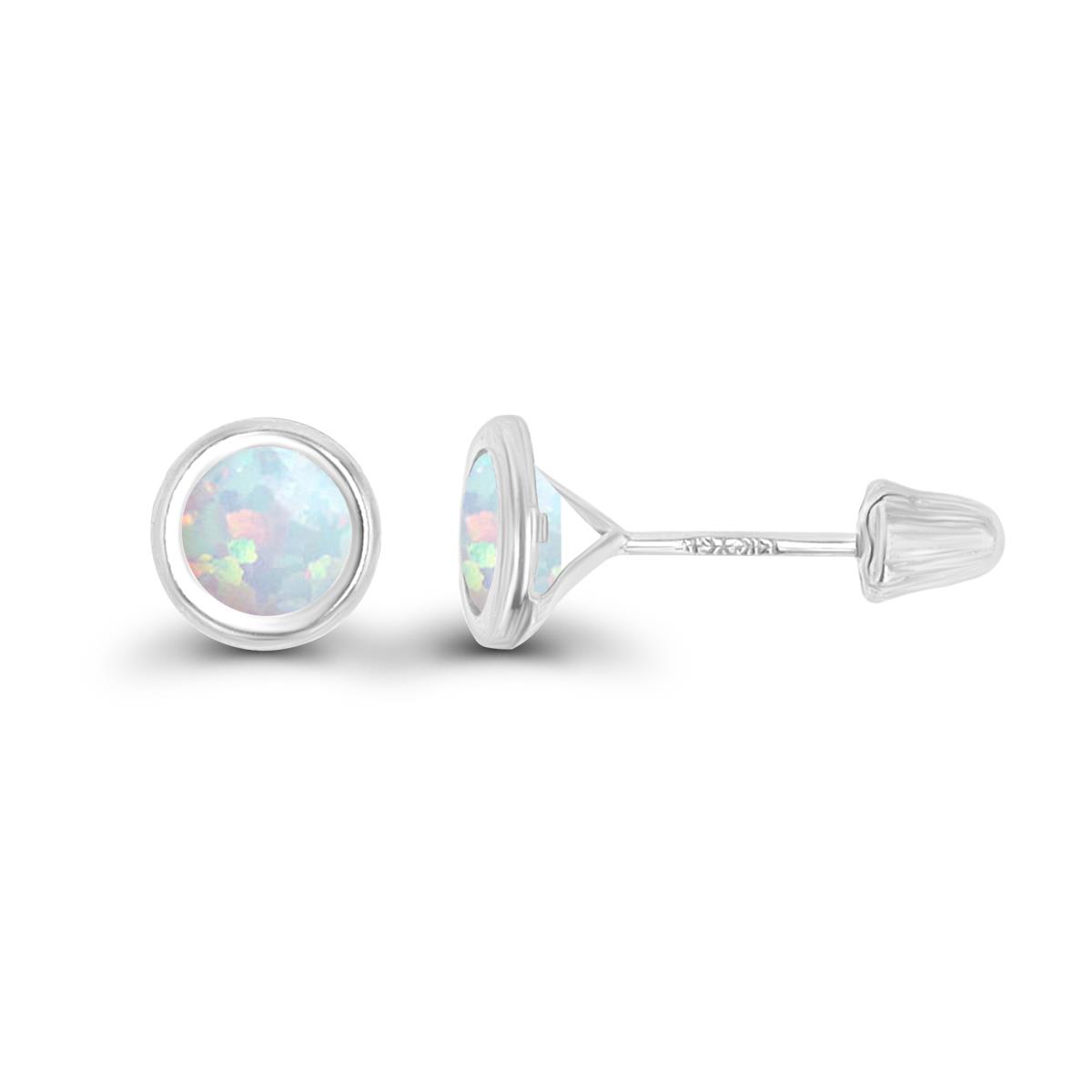 14K White Gold Basic 5mm Round Created Opal Bezel Hat Screw Back Stud Earring 