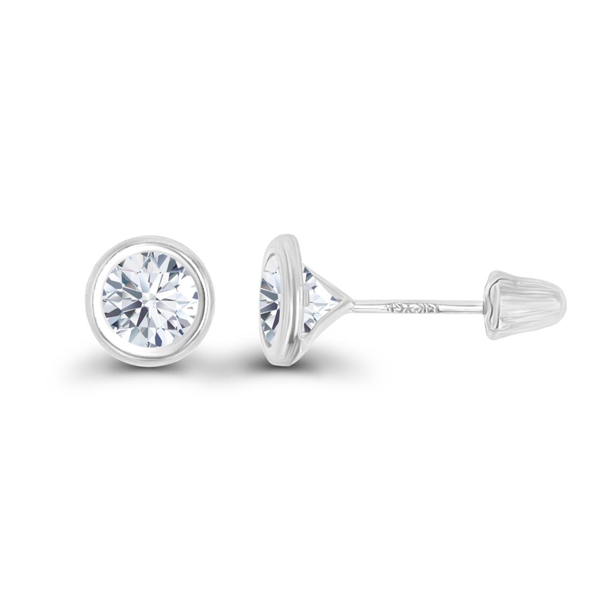 14K White Gold Basic 5mm Round Created White Sapphire Bezel Hat Screw Back Stud Earring 