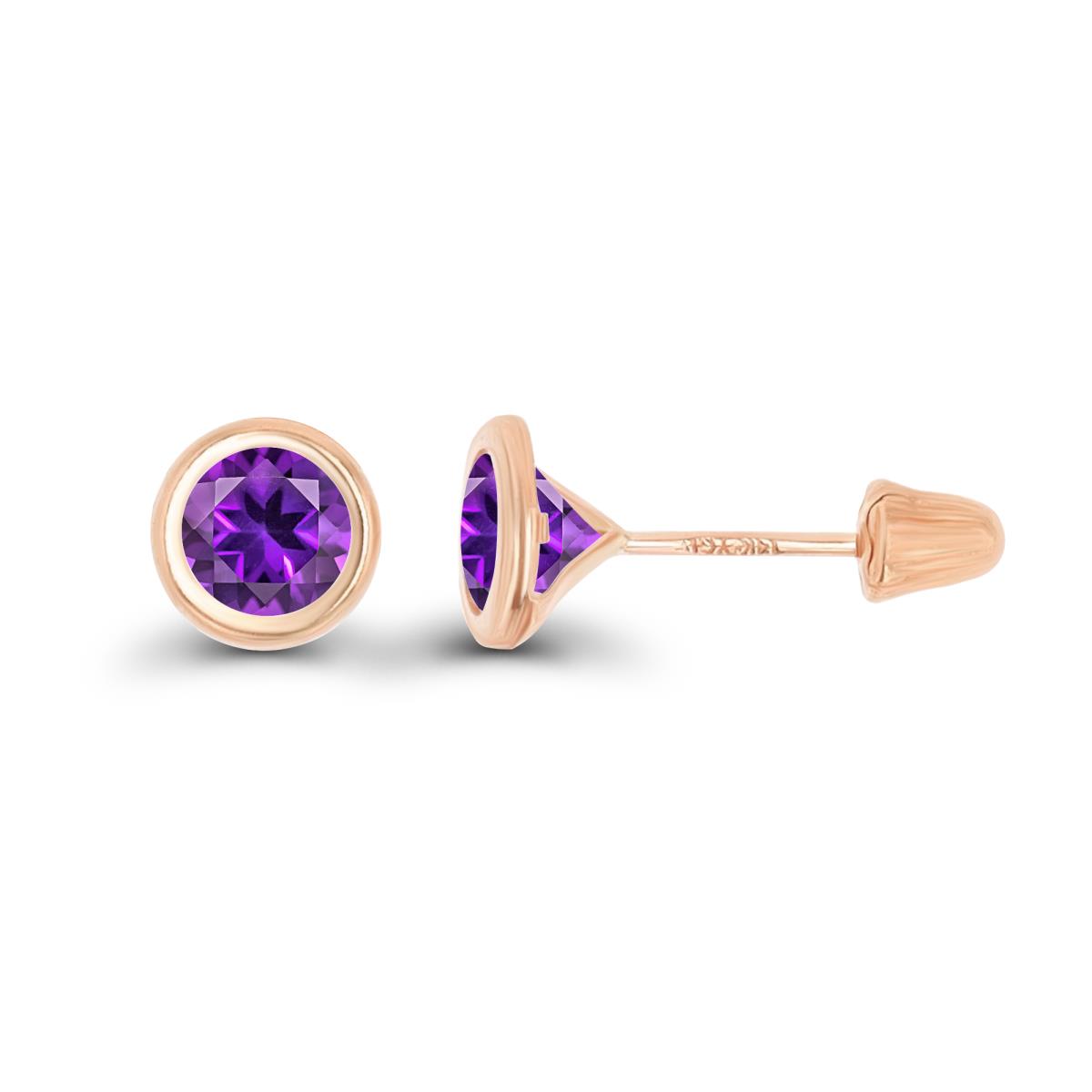 14K Rose Gold Basic 5mm Round Amethyst Bezel Hat Screw Back Stud Earrings 