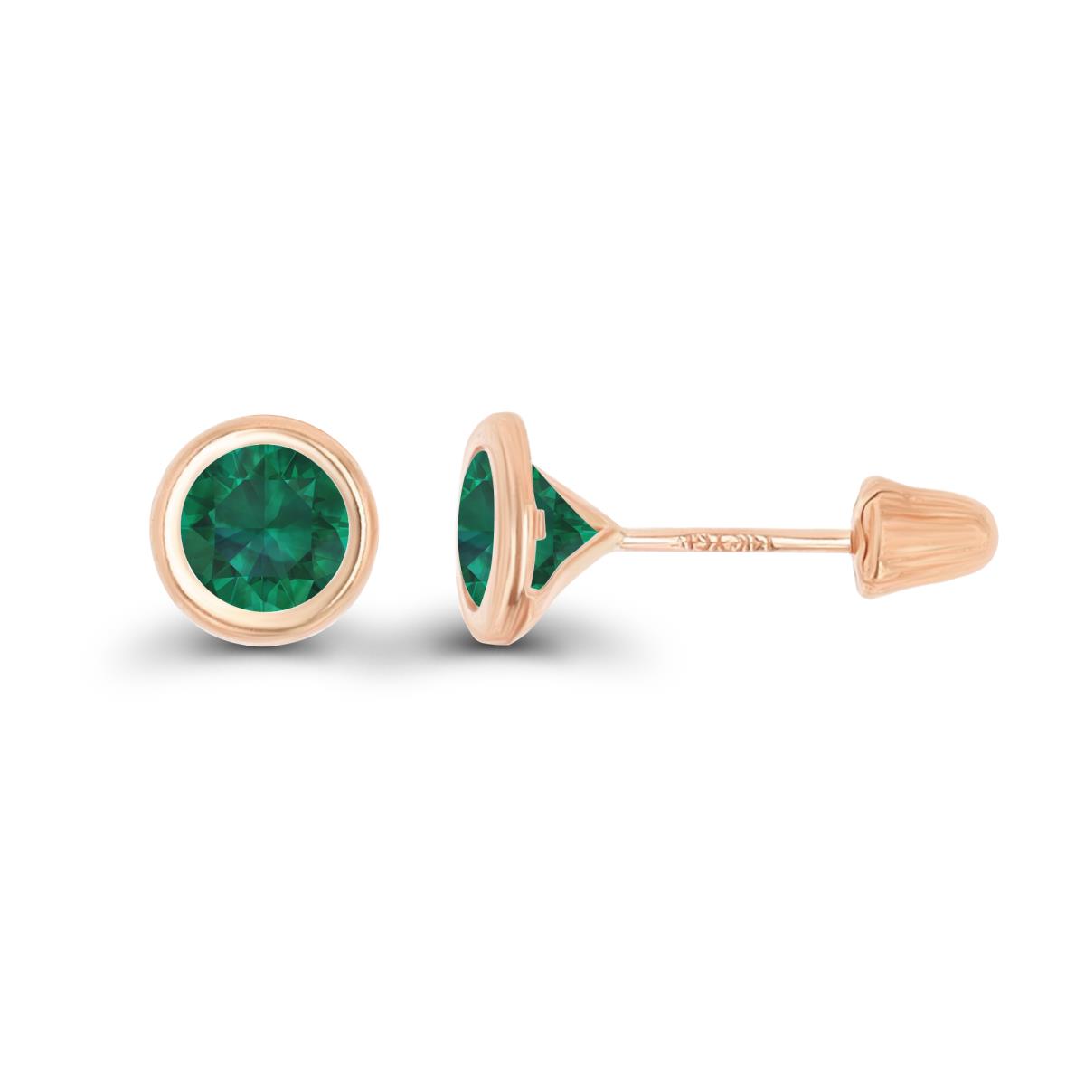 14K Rose Gold Basic 5mm Round Created Emerald Bezel Hat Screw Back Stud Earring 
