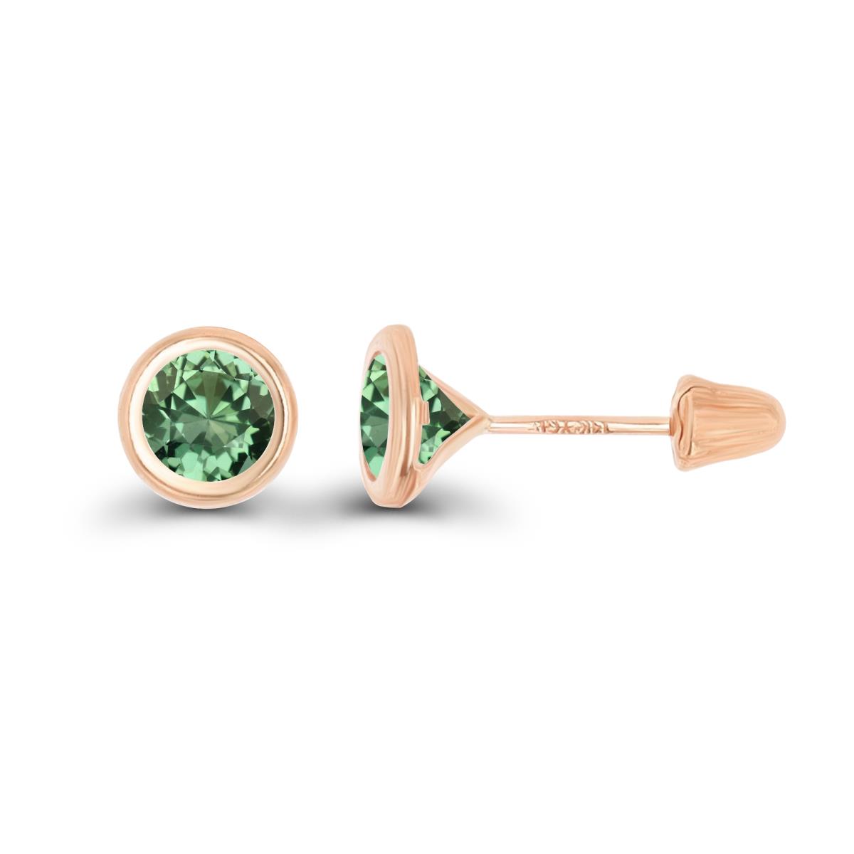 14K Rose Gold Basic 5mm Round Created Green Sapphire Bezel Hat Screw Back Stud Earring 