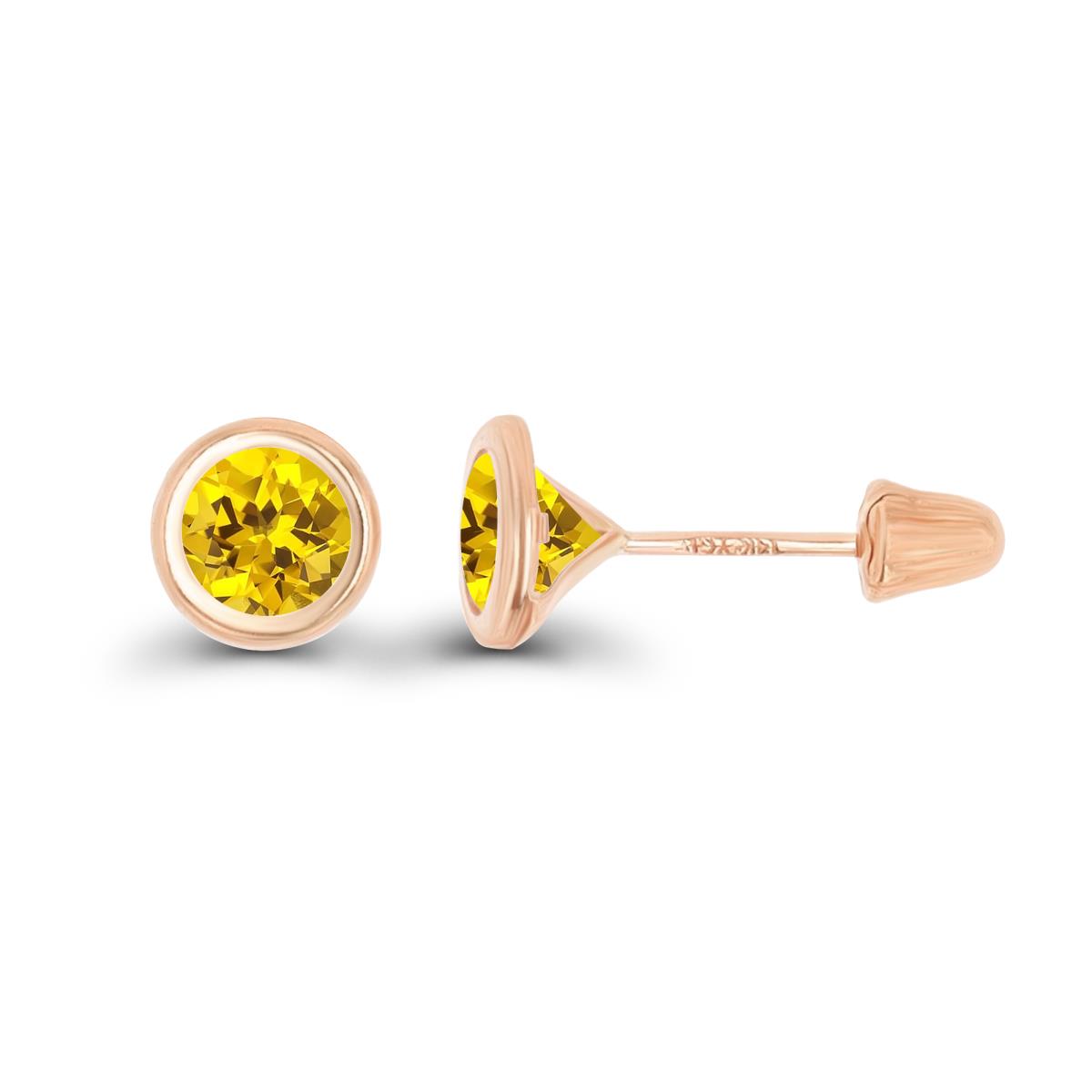 14K Rose Gold Basic 5mm Round Created Yellow Sapphire Bezel Hat Screw Back Stud Earring 