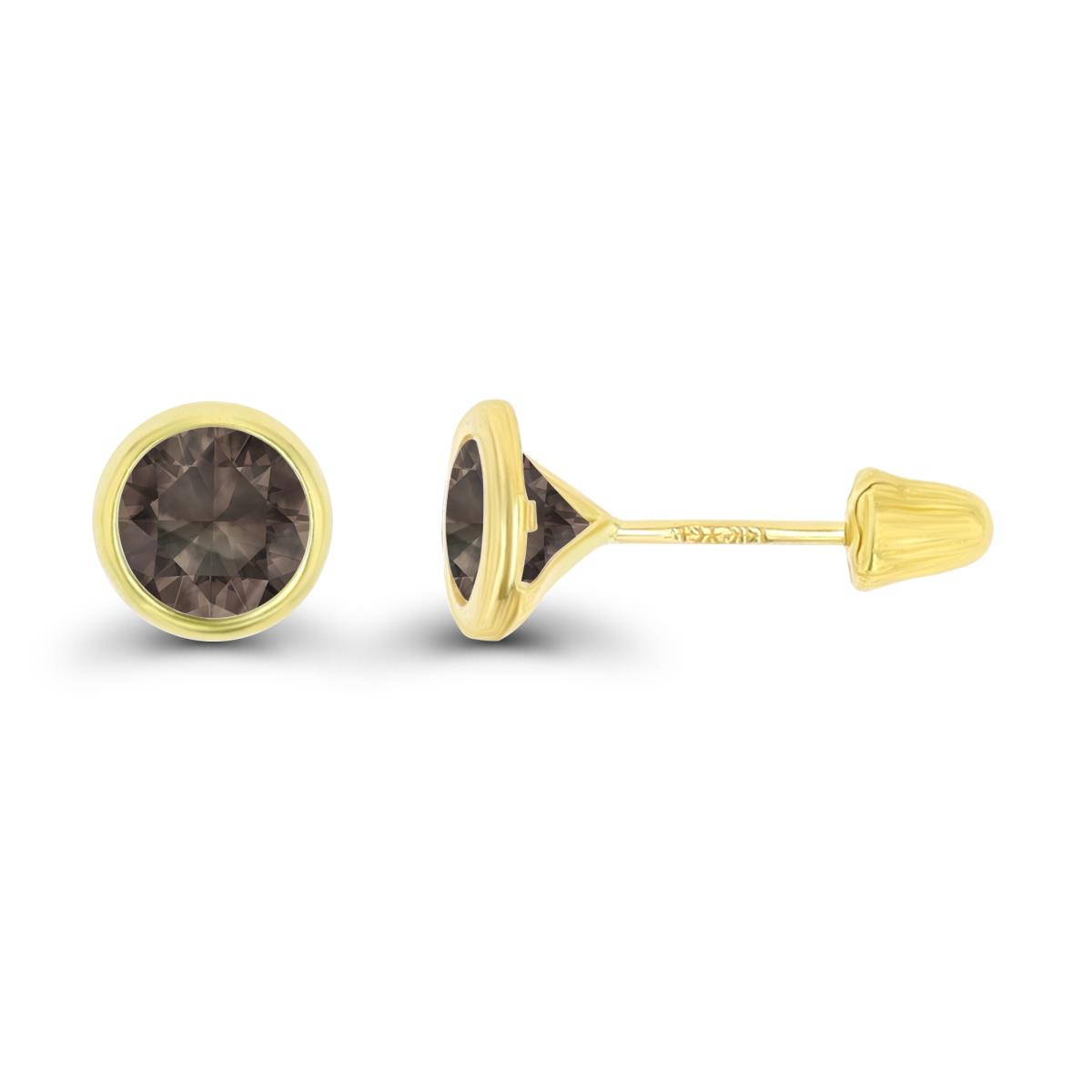 14K Yellow Gold Basic 6mm Round Smokey Quartz Bezel Hat Screw Back Stud Earring 