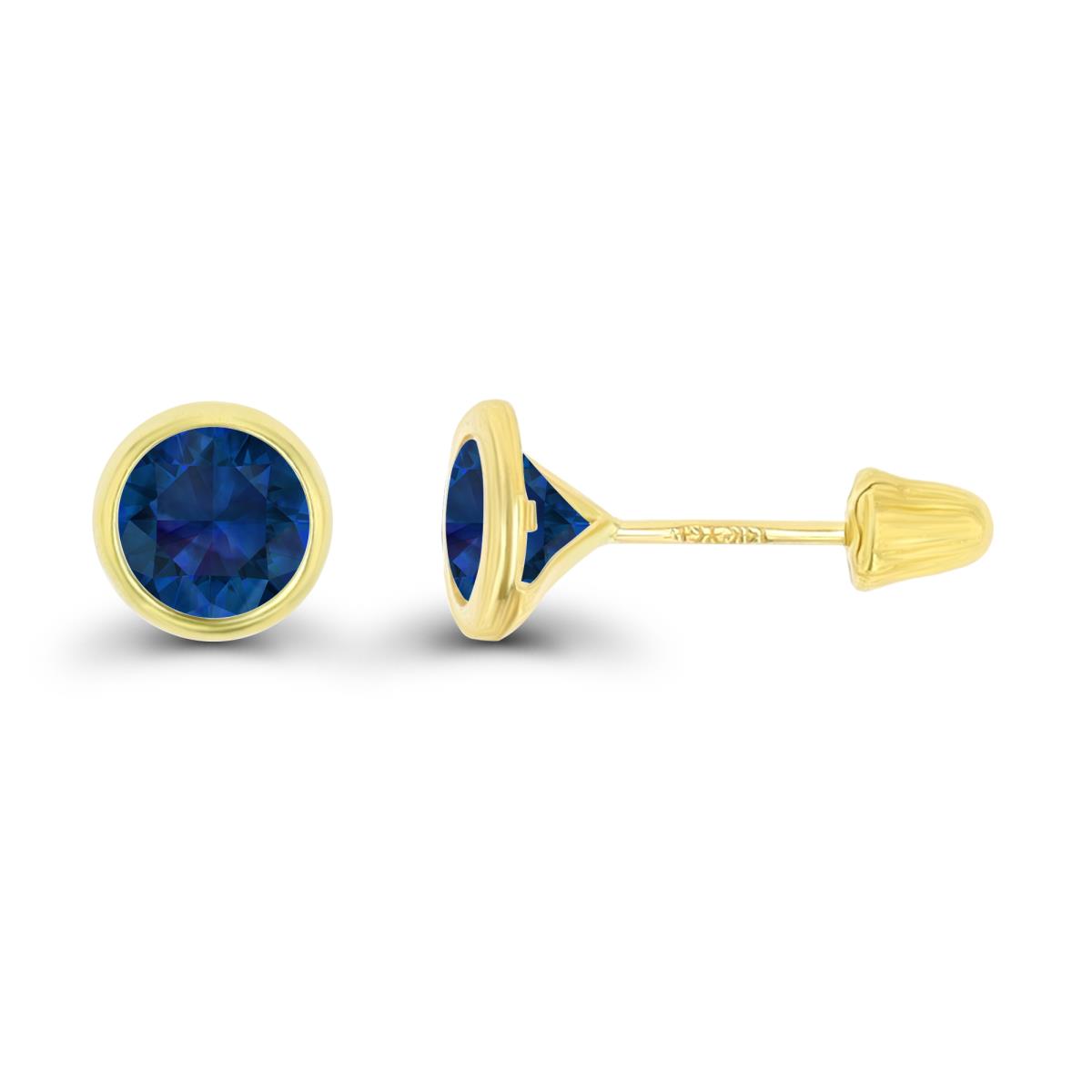 14K Yellow Gold Basic 6mm Round Created Blue Sapphire Bezel Hat Screw Back Stud Earring 