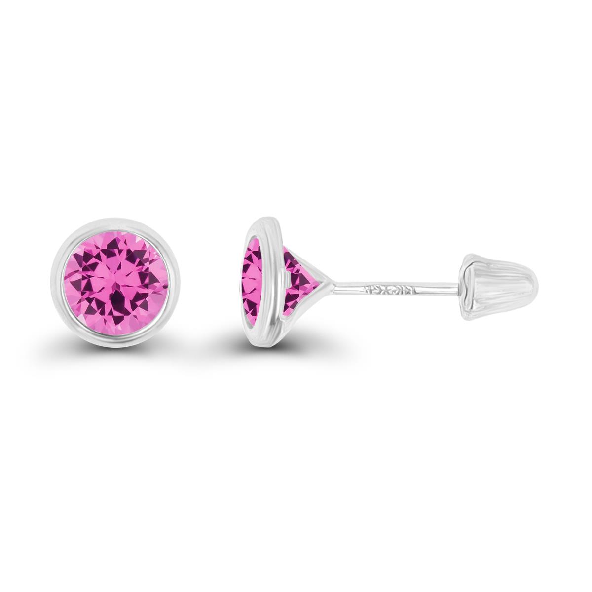14K White Gold Basic 6mm Round Created Pink Sapphire Bezel Hat Screw Back Stud Earring 